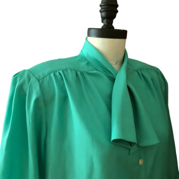 Vintage Turquoise Green PussyBow Blouse Chaus - Picture 5 of 16